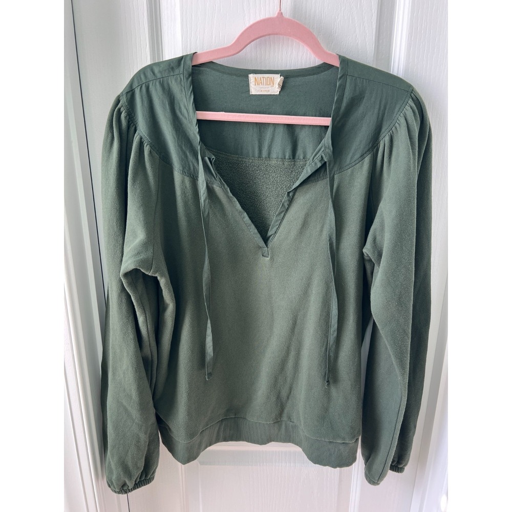 NATION LTD Womens Sweatshirt Green 100% Cotton Tie Front Pullover Cotton Peru XL